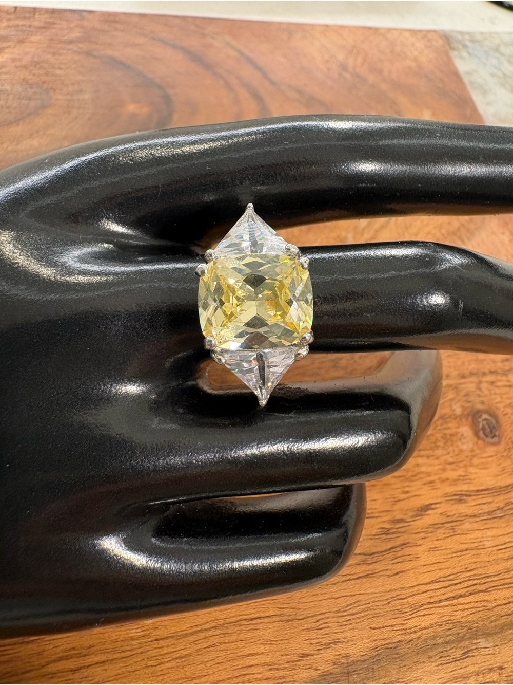 Sterling Silver Yellow Cushion-Cut Gemstone Ring with Trilliant Accents - Size 9